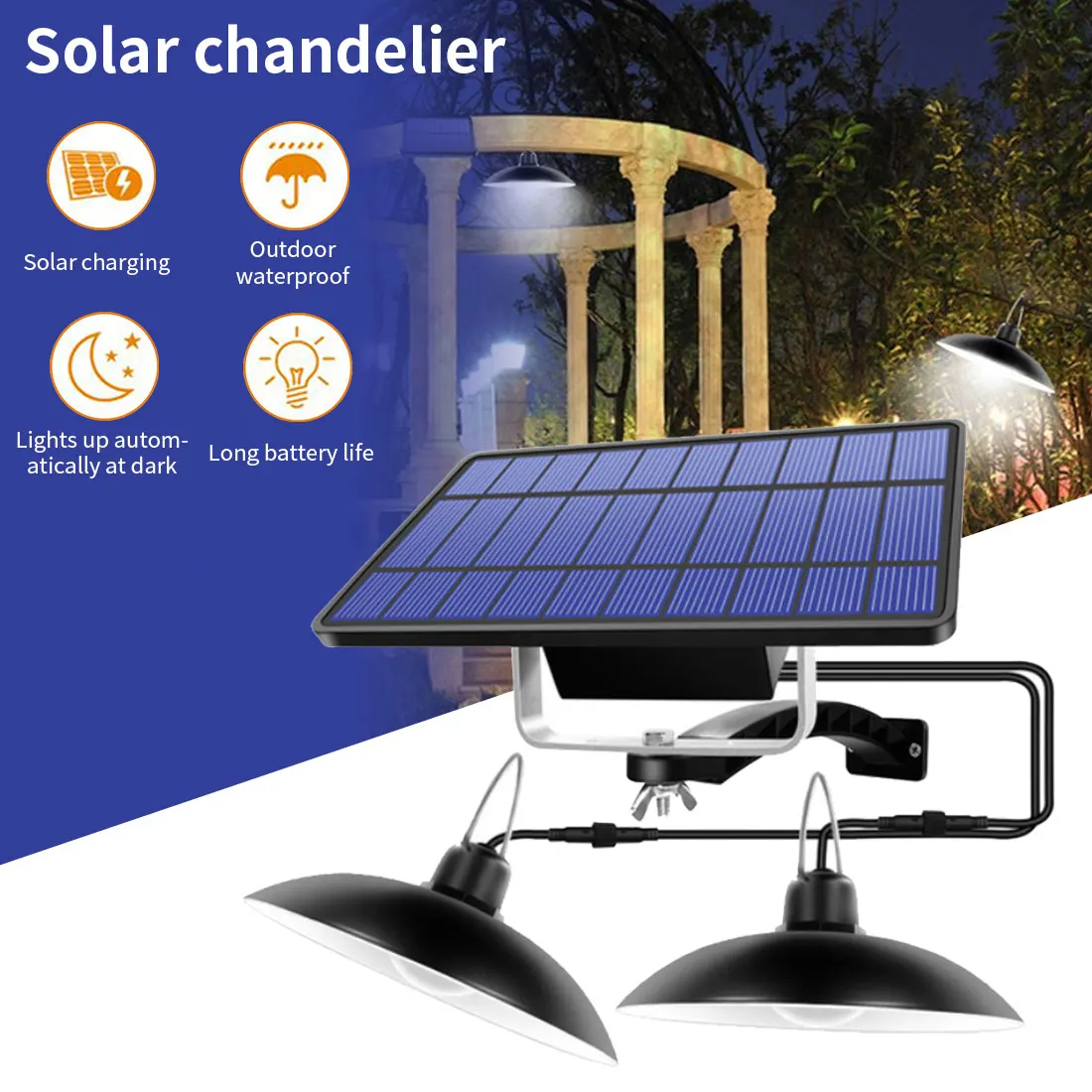 

IP65 Waterproof Double Head Solar Pendant Light Solar Lamp With Cable Remote Control Hanging Shed Lights for Yards Garden Patio