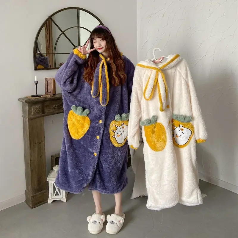 Winter Thickened Plush Velvet Pajamas Set Female 2021 New Coral Velvet Sweet Long Section Robe Bathrobe Home Wear Pajamas
