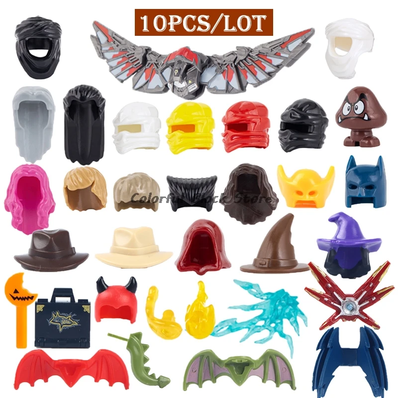 10PCS/LOT Movie Anime Action Building Blocks Hats Headscarves Weapon Hair Wings Decoration Toys Accessories Children MOC Gifts