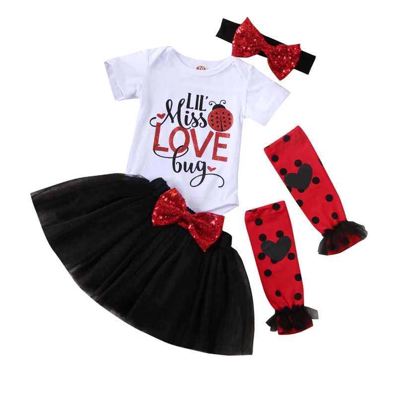 

4PCS Valentine's Day Suits Baby Girl Romper Bodysuits Tops+Tulle Skirt+Headband+Leg Warmers Outfits Clothes