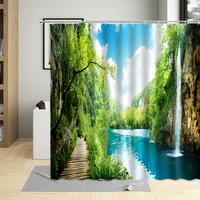 spring scenery shower curtain green plants waterfall water mountain palm tree forest bathroom decor polyester cloth curtain sets