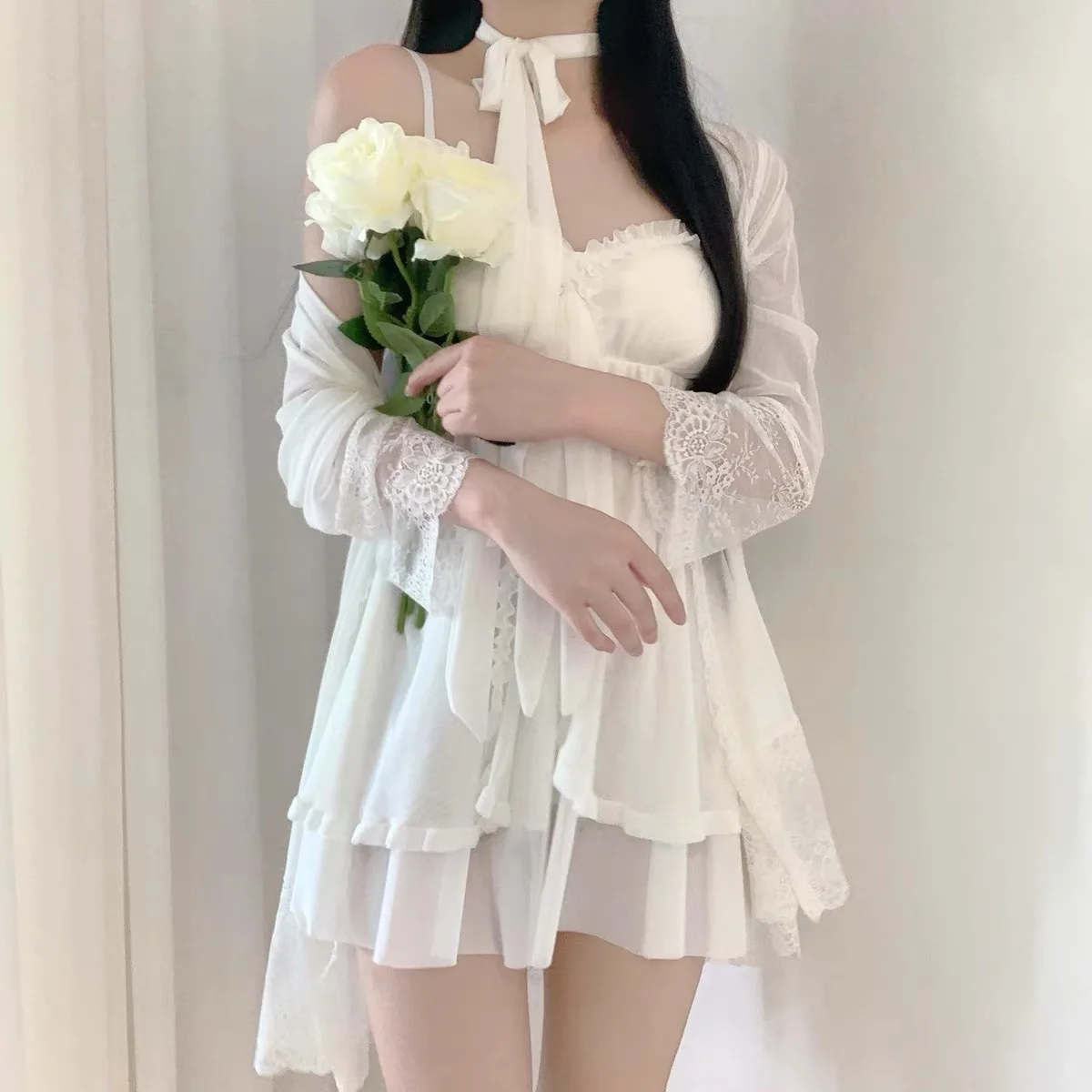 

2021 Spring and Summer New Style Retro Women Sexy Nightdress Sling Two-piece Court Chiffon Lacework High Quality
