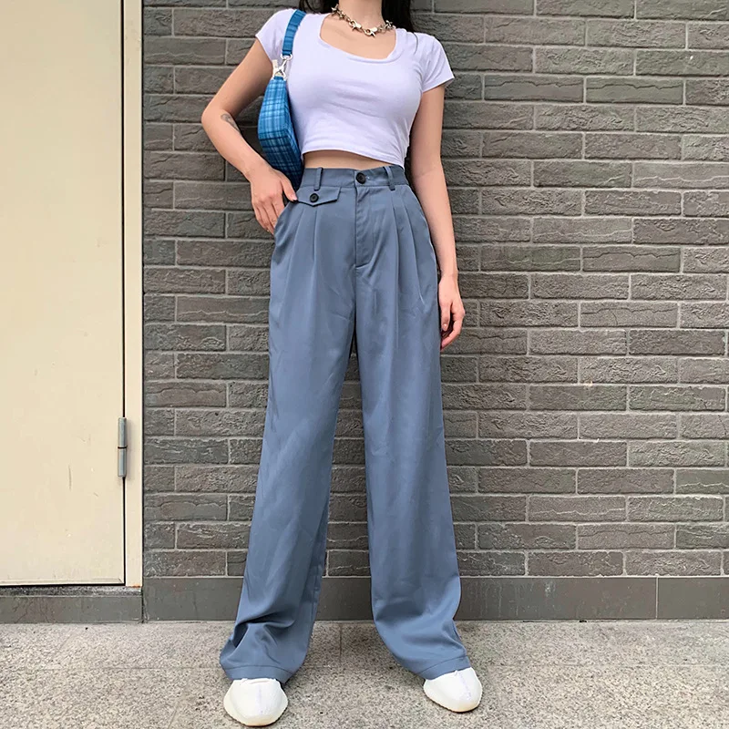 

Autumn Solid Color Loose Straight High Waist Suit Casual Fashion Side Pocket Pleated Suit Pants Office Ladies Wide Leg Pants