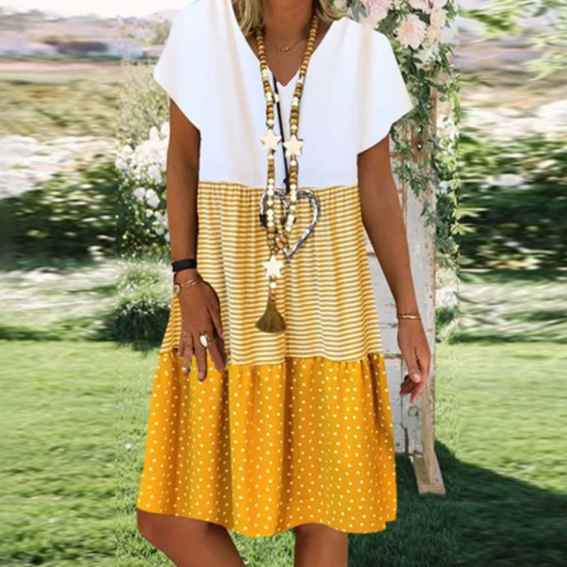 Женское винтажное платье с коротким рукавом треугольным вырезом и