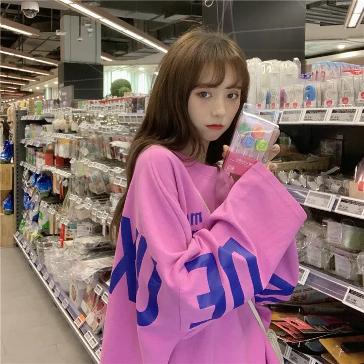 Ulzzang Топы mujer осень vogue корейский стиль одежда уличная панк с буквенным принтом Большие размеры с длинным рукавом Повседневная футболка женская