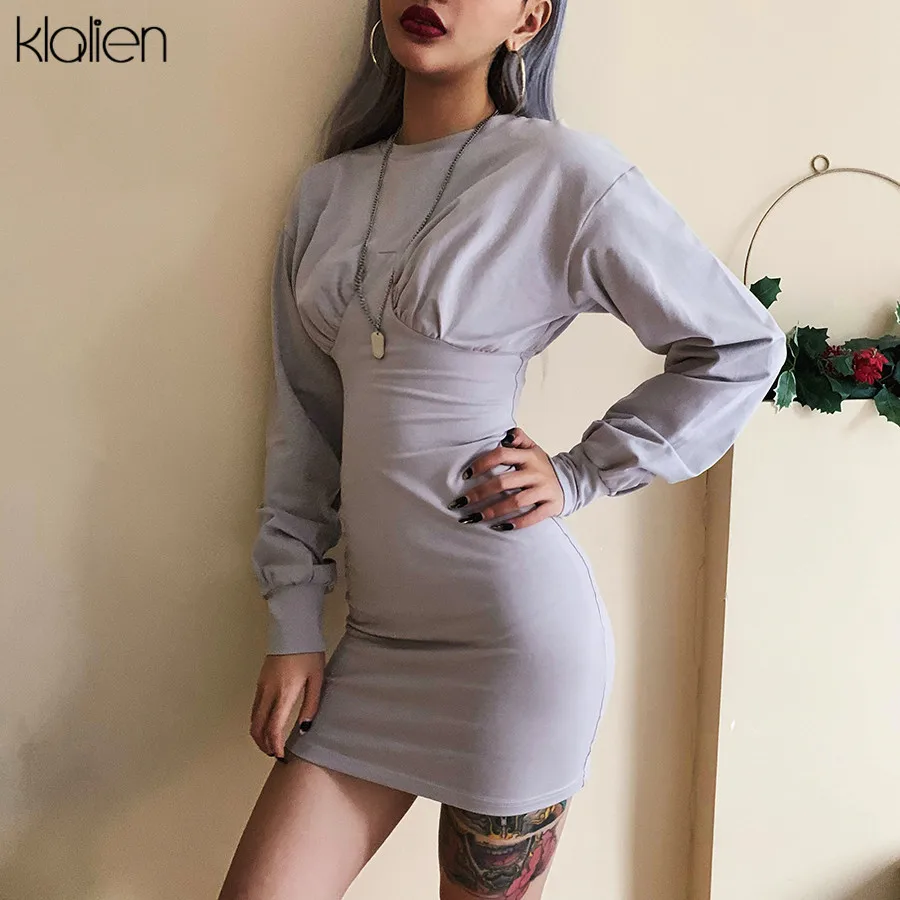 KLALIEN трикотажные короткие платья карандаш с длинным рукавом фонариком и круглым