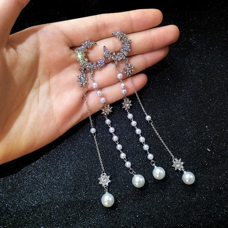 Корейские темпераментные жемчужные длинные звезды луна серьги с кисточками для
