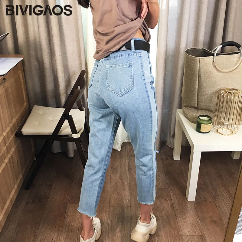 BIVIGAOS новые весенне-осенние Стиль досуга женские укороченные джинсы корейские боковые выстроченные потертые джинсовые штаны Джинсы бойфренда для женщин Прямой штаны Женские джинсы