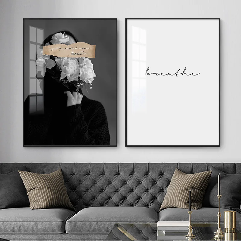 

Nordic Black And White Woman With Rose Painting On Cavnas Artwork Abstract Figure Poster Wall Art Decoration Living Room Decor