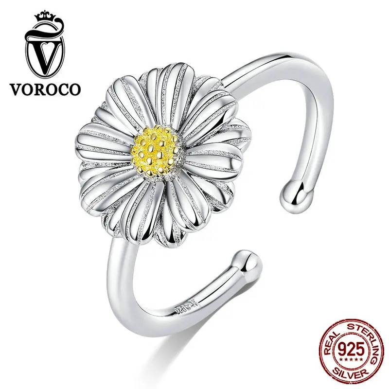 Женское кольцо с желтым цветком VOROCO SCR616 регулируемое из стерлингового серебра 925