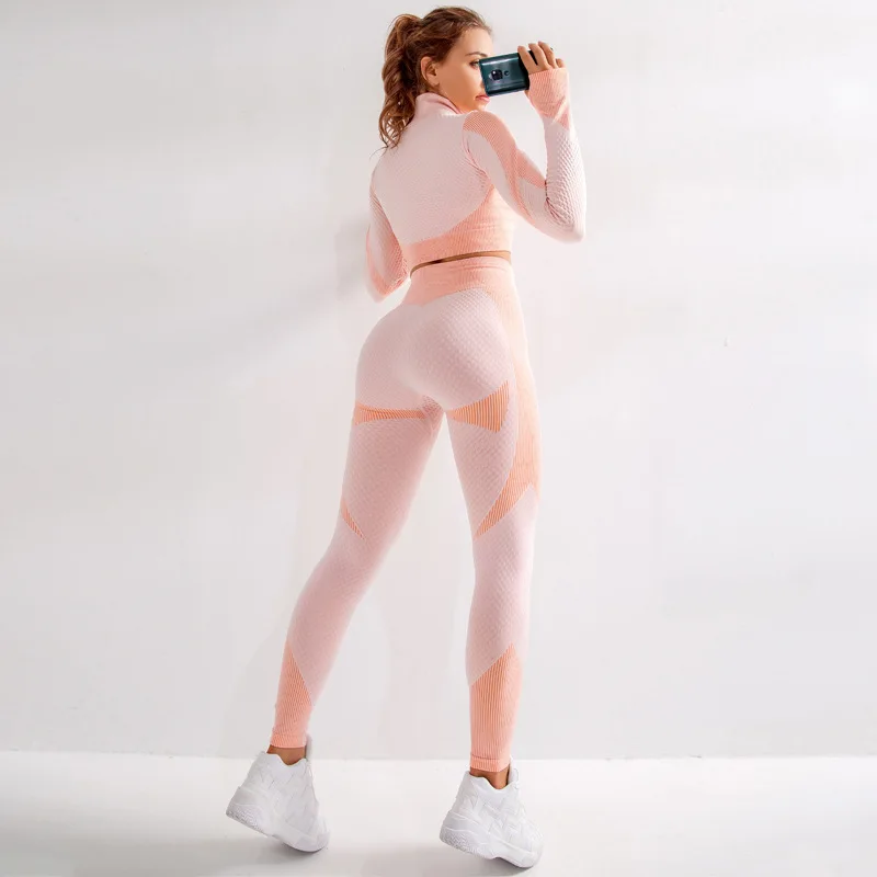 Conjunto sin costuras para mujer, traje deportivo de Fitness, ropa de gimnasio, camisas de manga larga, Leggings para correr de cintura alta, conjuntos de entrenamiento