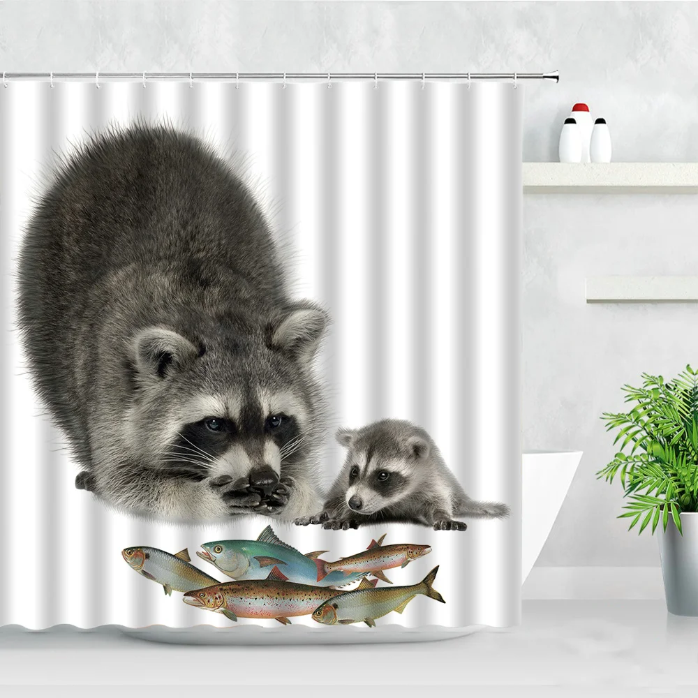 

Funny Animals Bathroom Hanging Curtain Bath Screens Frog Raccoon Swan Pattern 3D Print Creative Shower Curtains With Hooks Decor