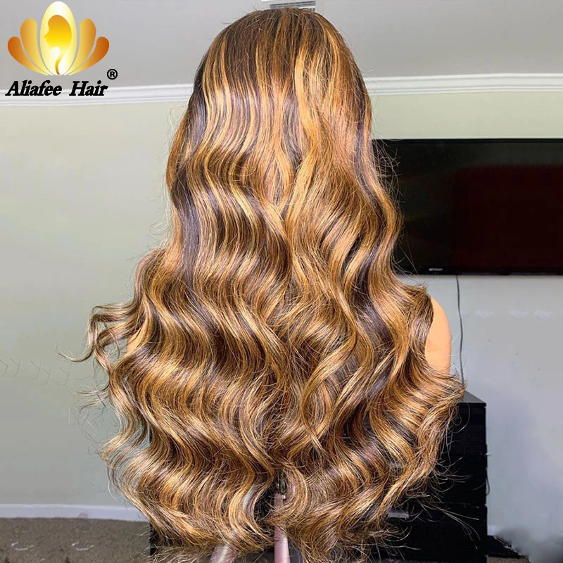 Highlight Wig Ombre Color Brown Honey Blonde Body Wave Lace Closure 4x4 Malaysian Human Hair Wigs 150% Density For Women | Шиньоны и