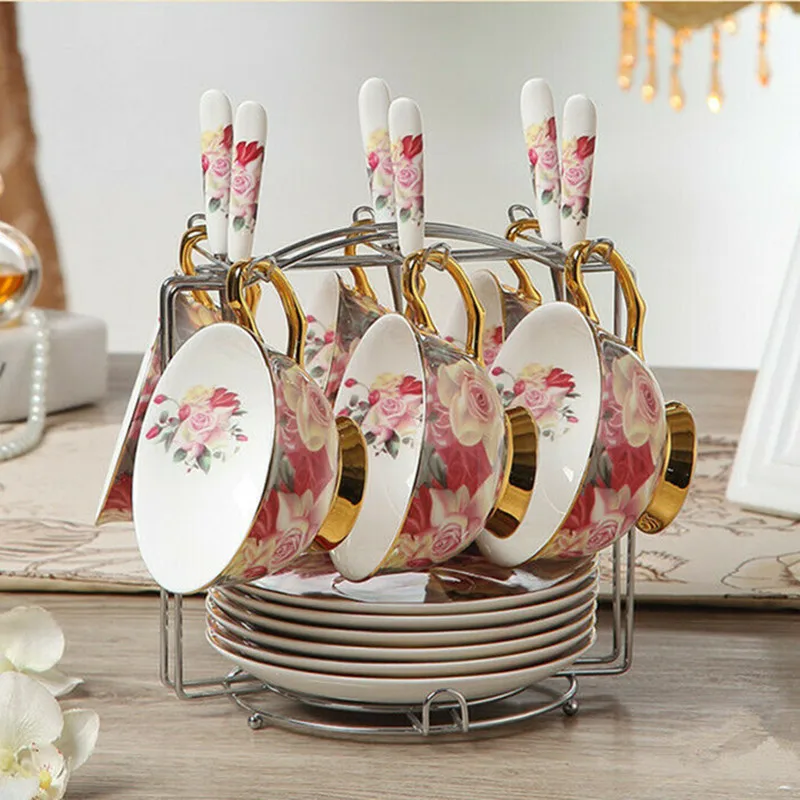 

European Tea Set Royal Bone China Coffee Cup Set 6 Cups & 6 Saucers Set with Spoon and Metal Rack Ceramic Flower Tea Coffee Ware