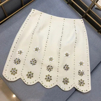 

Luxury diamonds beading skirts womens 2020 spring autumn fashion elegant a-line white mini skirt