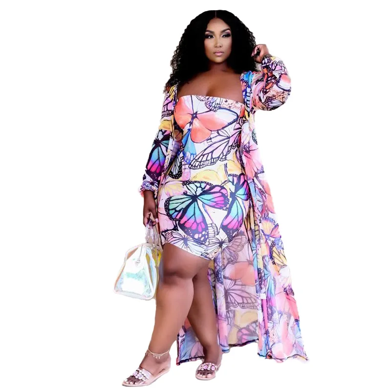 

Plus Size Women Two-piece Fashion Printed Casual Suit Bodycon Mini Dress And Cardigan Coat Matching Set 2 Piece African Clothes