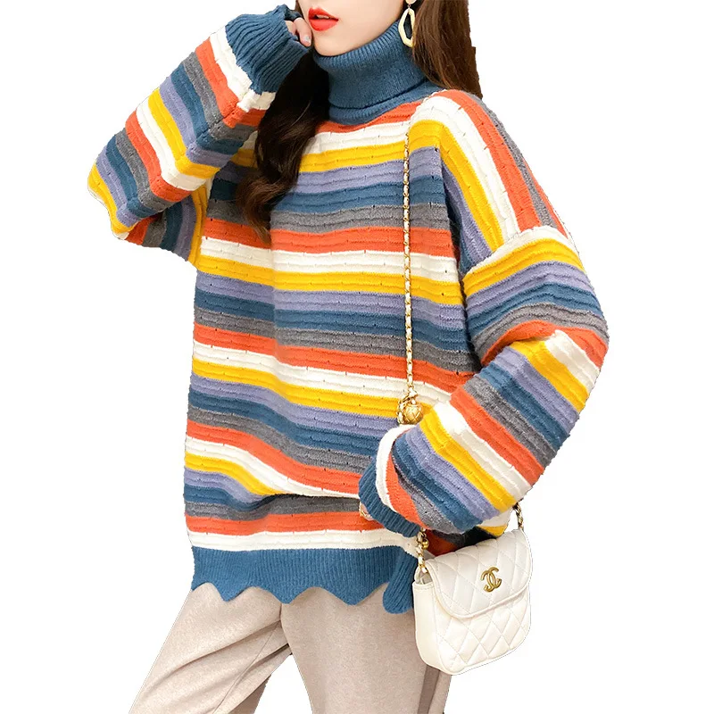 

SuperAen Striped Sweater Women's Loose Pullover Turtleneck Candy Color Knitted Bottomed Shirt 2021 NEW