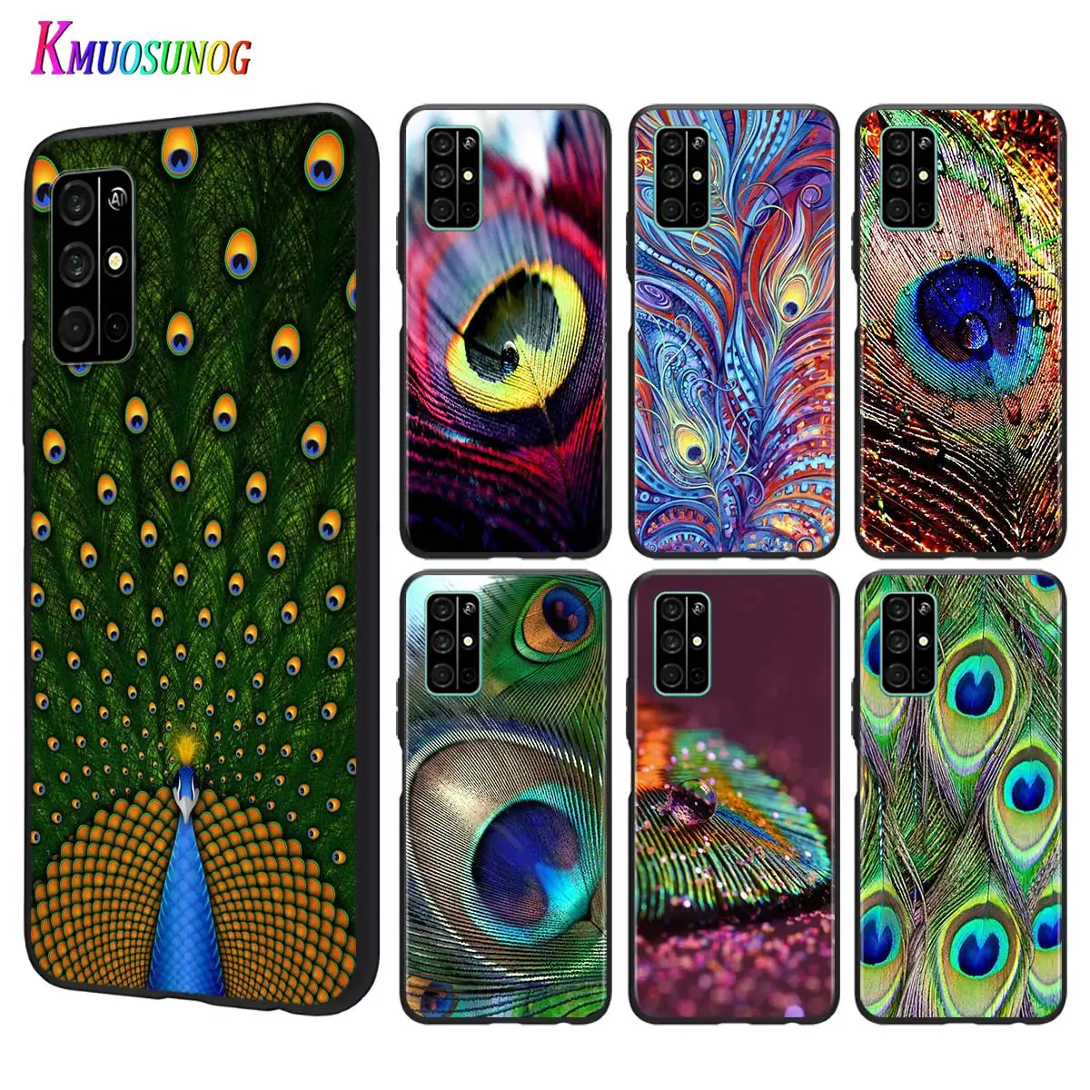 

Silicone Black Cover Peacock Feather for Huawei Honor 9A 9C 9S 9X Lite 10 10i 20 V20 20S 30 Pro Lite Phone Case