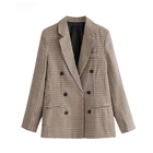 Женский двубортный пиджак с карманами, винтажный пиджак с длинным рукавом, верхняя одежда для офиса, 2020