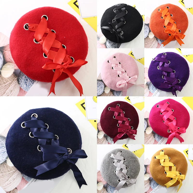 Женский зимний шерстяной берет со шнуровкой и бантиками винтажная теплая