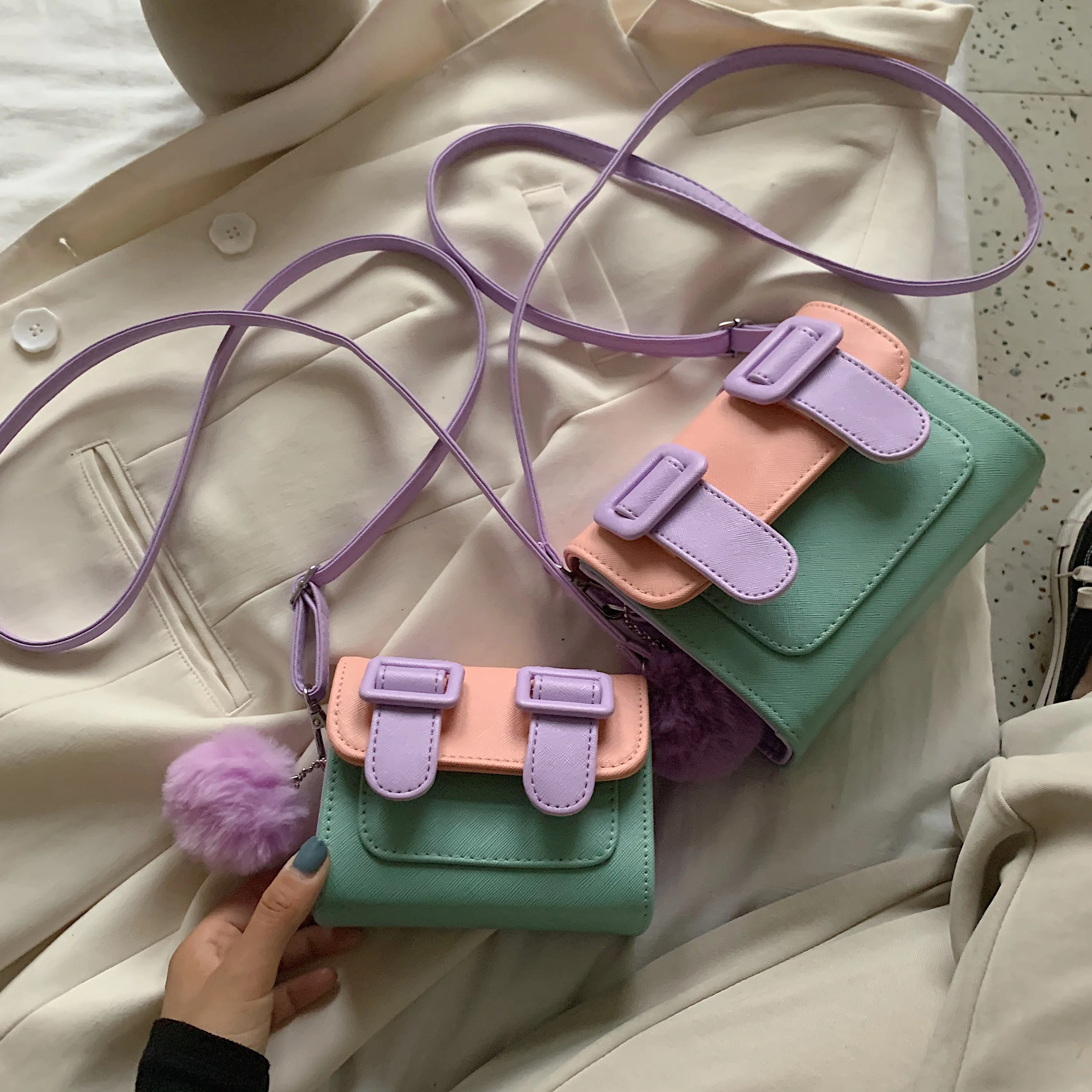 

Contrast Color Mini PU Leather Crossbody Bags For Women 2021 New Summer Shoulder Handbags Female Cross Body Bag With Hair Ball