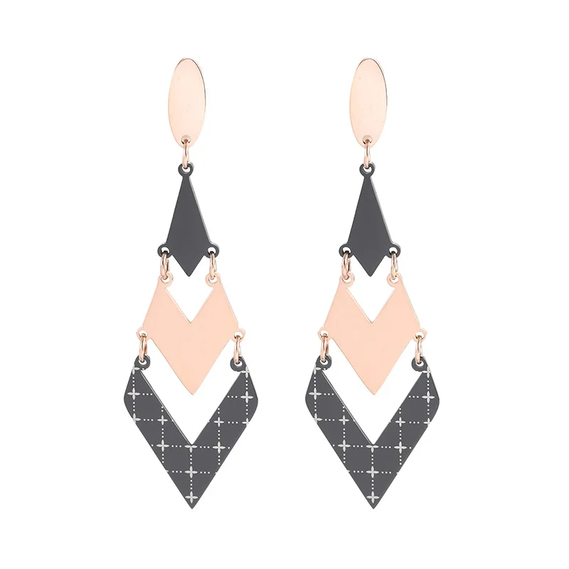 

JIOROMY Personality Multilayer Jewelry Fashion Titanium Steel Earrings For Women Dangle Geometric Black Triangle Drop Earring