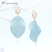 sz design fashion south korean long simple 585 rose gold lotus leaf dangle earrings imitation pearl for women wedding jewelry