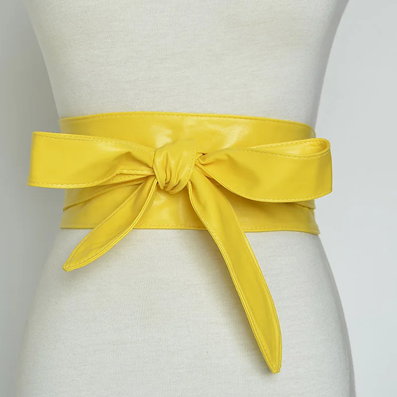 Yellow Модные корсетные ремни из искусственной кожи для женщин, черный, желтый, красный, широкий пояс с бантом, женское платье, пояс на талии, широкие пояса - Color: Yellow