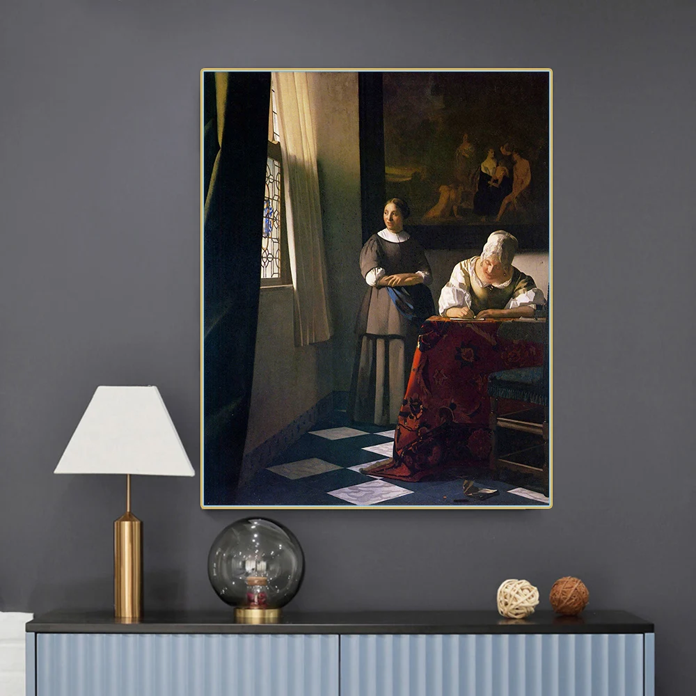 

Woman Writing a Letter, with her Maid by Johannes Vermeer Canvas Oil Painting Artwork Poster Picture Wall Decor Home Decoration