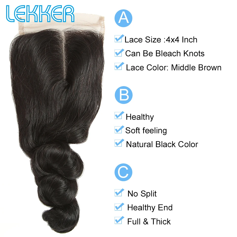 Lekker Loose Wave Bundles with Closure Brazilian Hair Weave Bundle with Closure 3 Bundles with 4*4 Lace Closure