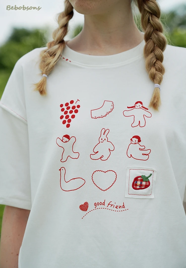 Женская хлопковая Футболка с круглым вырезом вышивкой коротким рукавом летняя