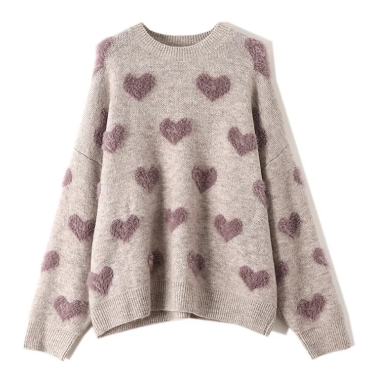

Heart Pattern Knit Pullover Oversized Sweater Women Jumper Winter Soft & Warm Cute Long Sleeve Fluffy Knitwear Female