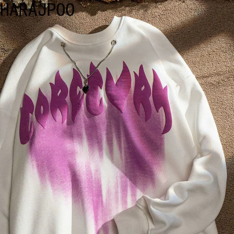 

Harajpoo Sweatshirt Female Flame Love Necklace Long Sleeve Sweater Men Women High Street Loose Crewneck Harajuku Black Clothing