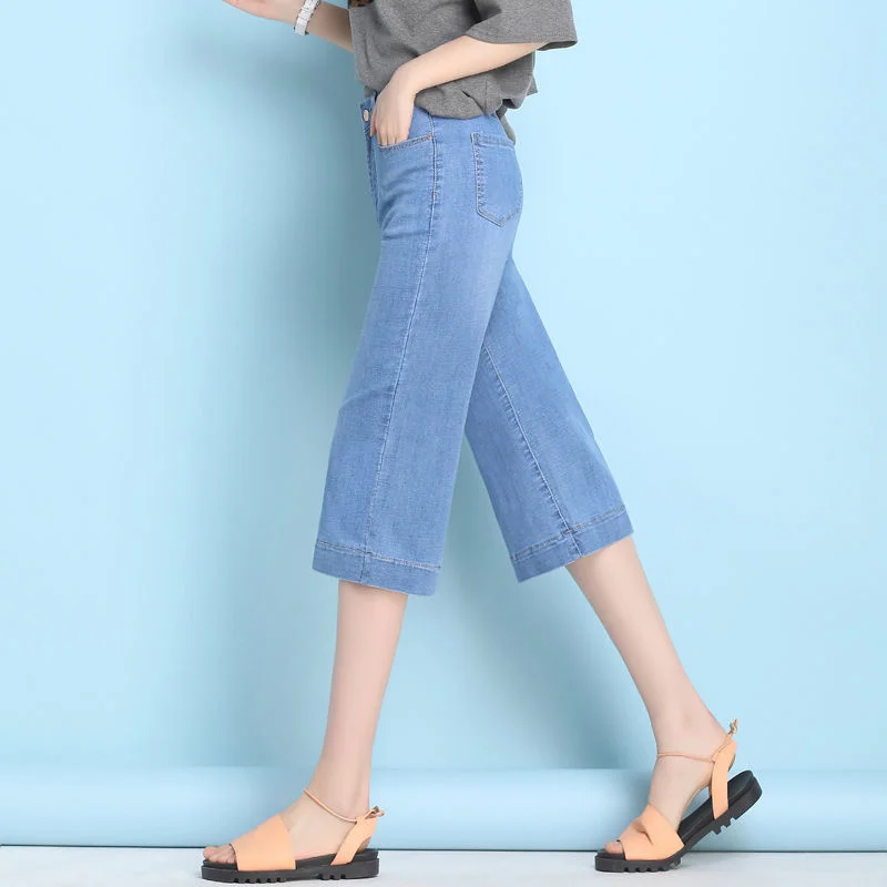 

Thin Denim Wide Leg Capris Women Jeans High Waist Plus Size Summer 2021 Casual Loose Calf-length Female Pants 5XL