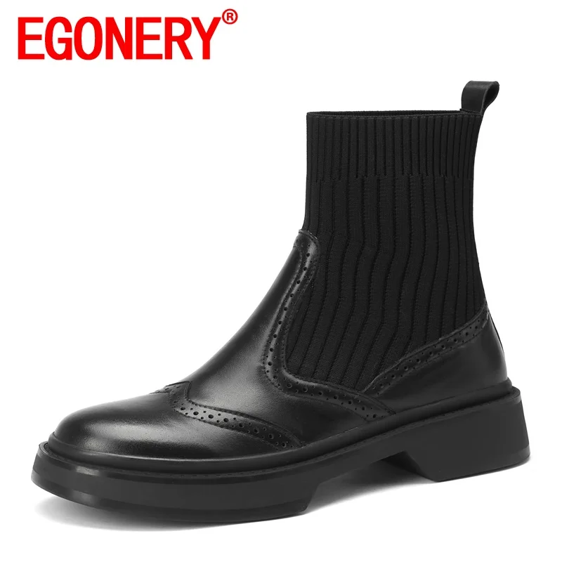 

EGONERY Women winter New Style short boots Fashion Leisure Genuine Leather and Gauze upper Concise Comfortable office lady
