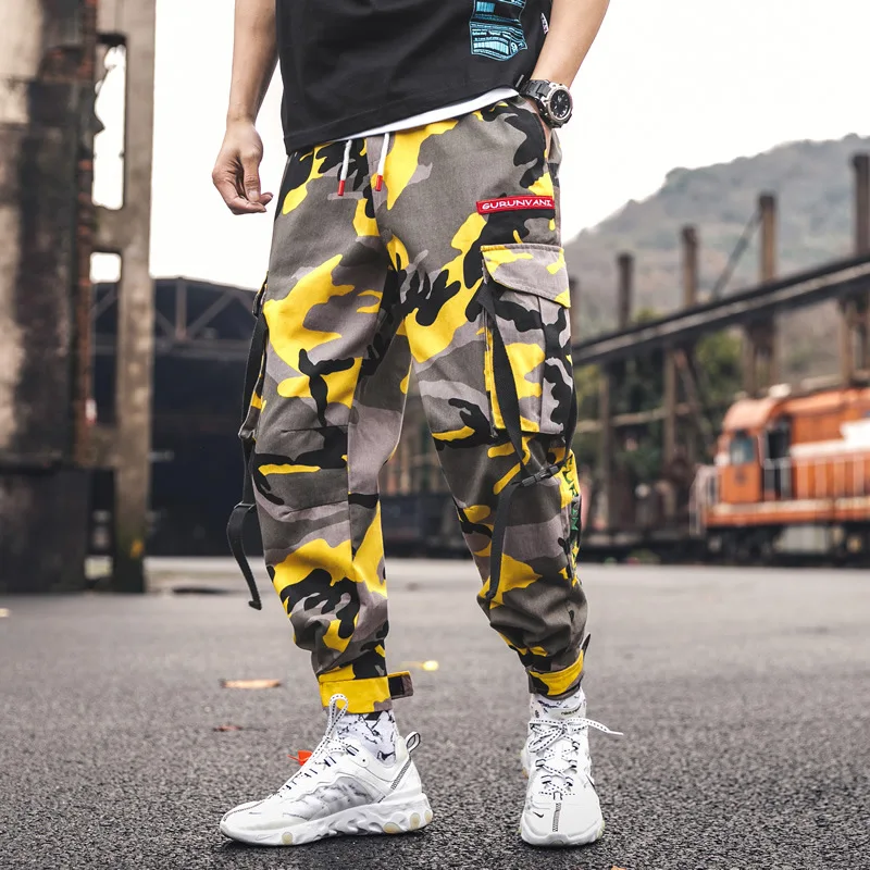 Мужские желтые камуфляжные брюки Уличная Брюки в стиле милитари Jogger Pant хип-хоп Camo Sweat pants Мужские брюки длиной до щиколотки из хлопка