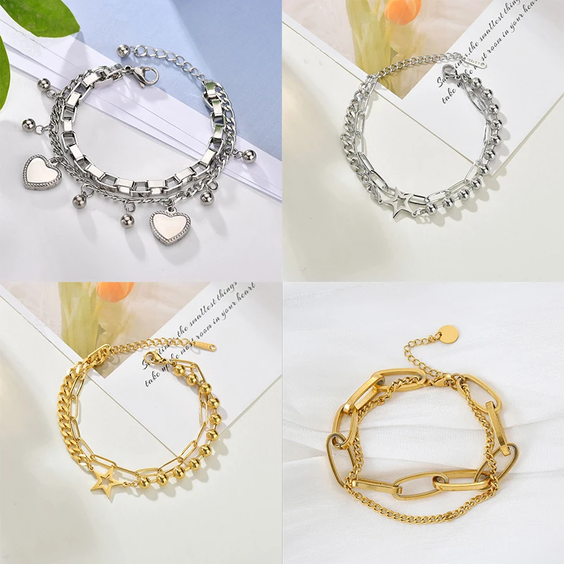 

YAOLOGE браслеты на руку 316L Stainless Steel 2021 Trendy 2 Layer Thick Bracelet For Women Fashion Party Jewelry pulseras mujer