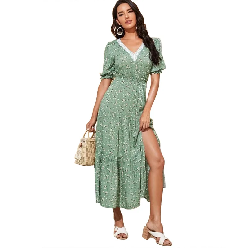 

Summer 2021 Floral Print Short Sleeve Dress Vintage Empire Split Fairy Ladies Frocks Sweet Folds Lacework Maxi Dresses for Women