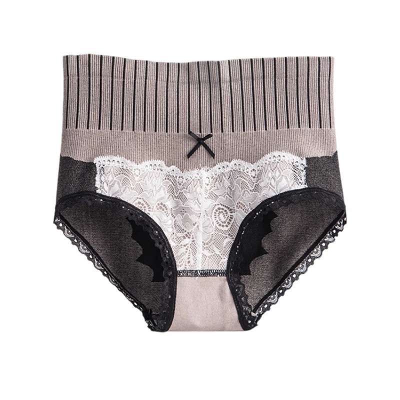 

2 Pcs Women'S High-Waisted Abdomen Pure Cotton Buttocks Breathable Lace Panties XL Size, Light Green & Coffee Color