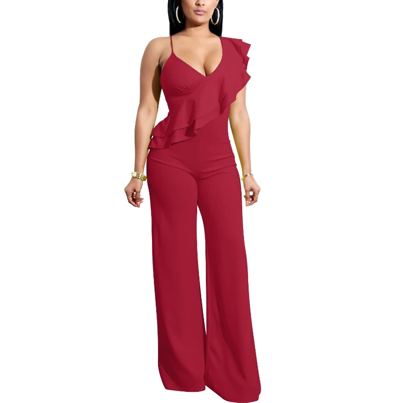 Женский комбинезон на одно плечо с v образным вырезом Облегающий оборками