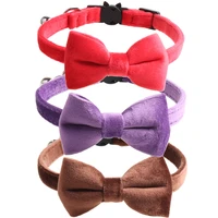 cat collar breakaway with bell and bowtie adjustable safety basic solid color velvet soft kitten collars for cat kitty dog puppy
