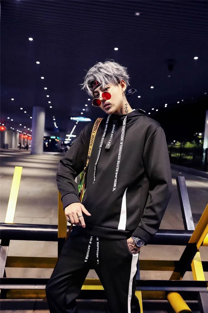 Мода Harajuku мужская толстовка с капюшоном Повседневное в стиле «хип-хоп» Япония из двух предметов: толстовка с капюшоном и рисунком котенка уличная Костюмы Топы Осень высокое худи в уличном стиле для мальчиков