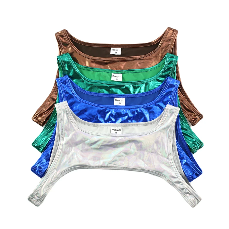 4PCS/lot Sexy Men Undershirt Faux Leather PU Wrestling Singlet Bikini Suspender Teddies Underwear Half Undershirts
