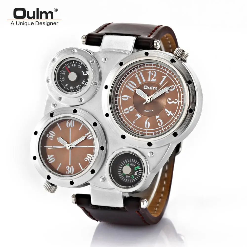 

Oulm Men's Quartz Sports Watch Creative Fashion Leather Men's Sports Watch Two Time Zone Casual Men's Watch