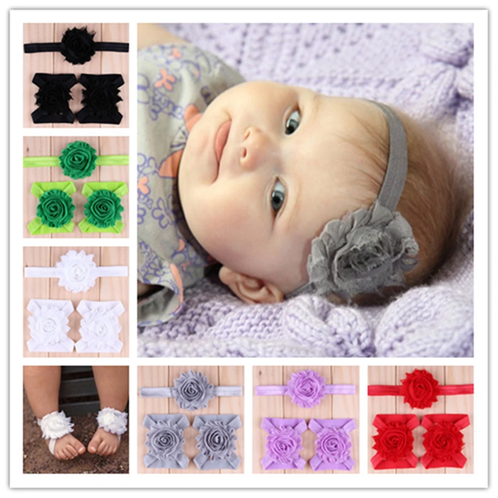 

New Kids Child Soft Chiffon Floral Headband Infant Nylon Elastic Barefoot Sandal Shoes Set Baby Hair Accessories Photo Props