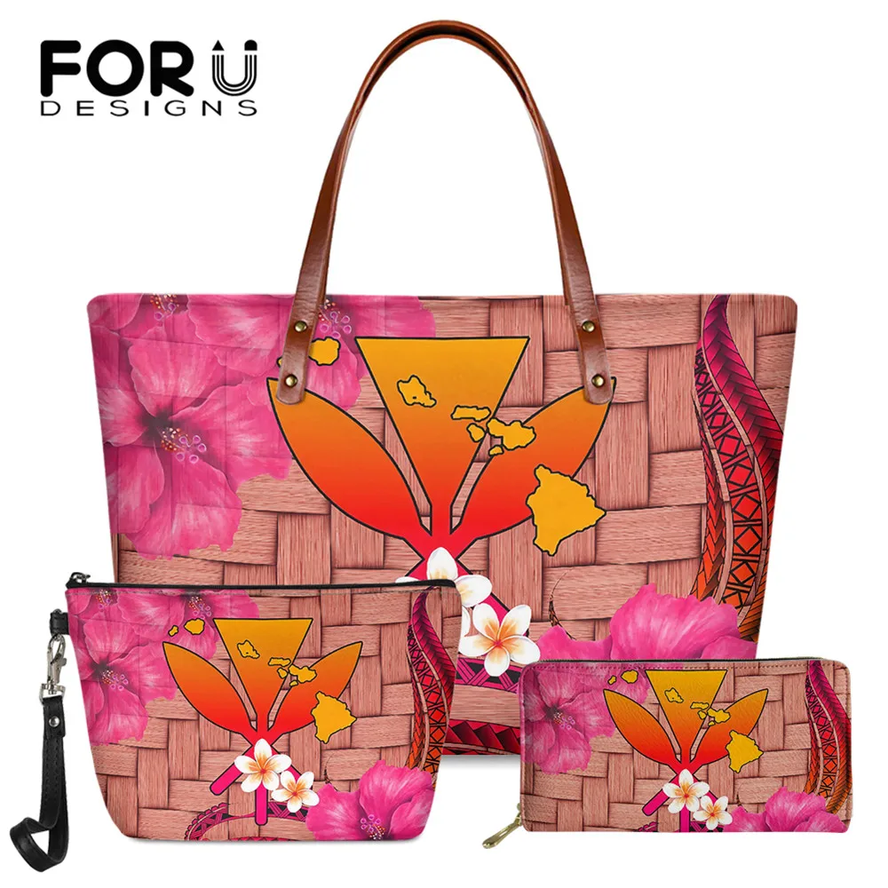 

FORUDESIGNS Women Luxury Handbag 3Set Hawaii Plumeria Printing Fashion Pu Leather Makeup Bag Clutch Leather Purse Shoulder Bolsa
