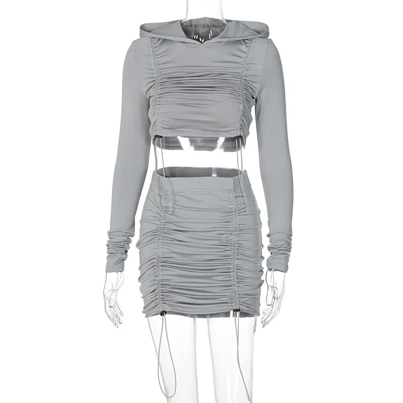 

2020 Fashion Women Streetwear 2PCS Long Sleeve Lace-up Hooded Sweatshirts Crop Tops High Waist Asymmetrical Skirts