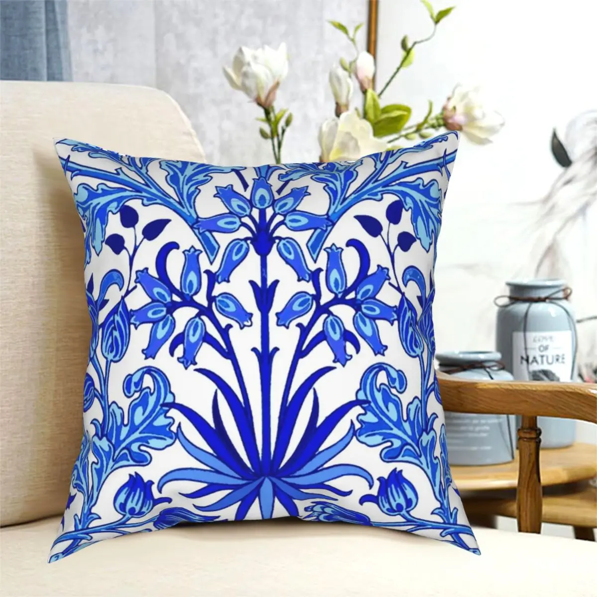 William Morris Hyacinth Print Cobalt Blue White Pillowcase Polyester Printed Zip Decorative Throw Pillow Case Car Cushion Case images - 6