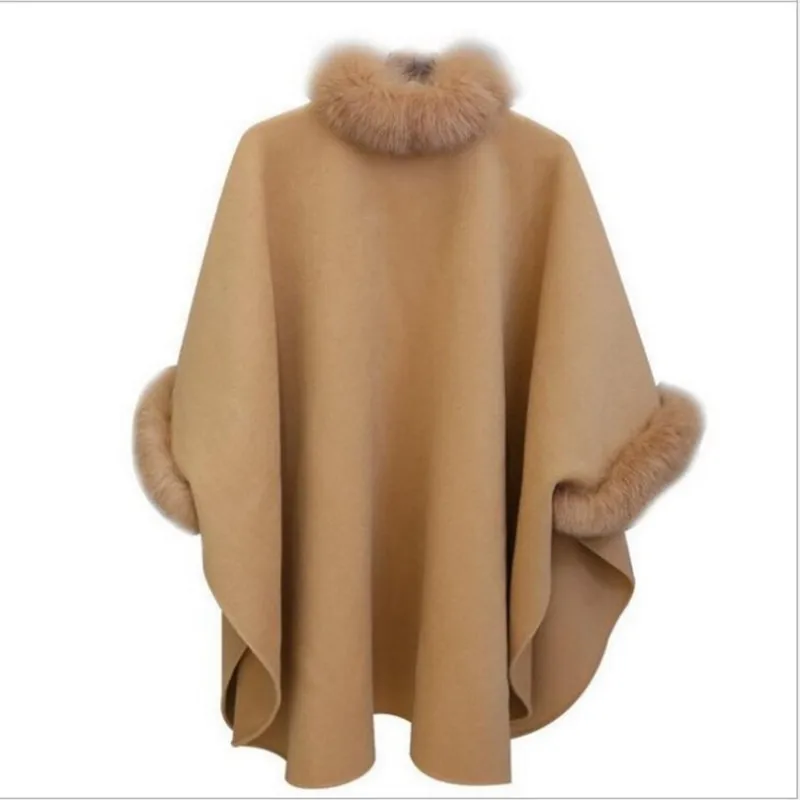 

2021 Women Woolen Coat The Large Fur Collar Mid-length Coat Ladies Korean Style Jacket Wool-Coat Batwing Sleeve Parka Cape Shawl