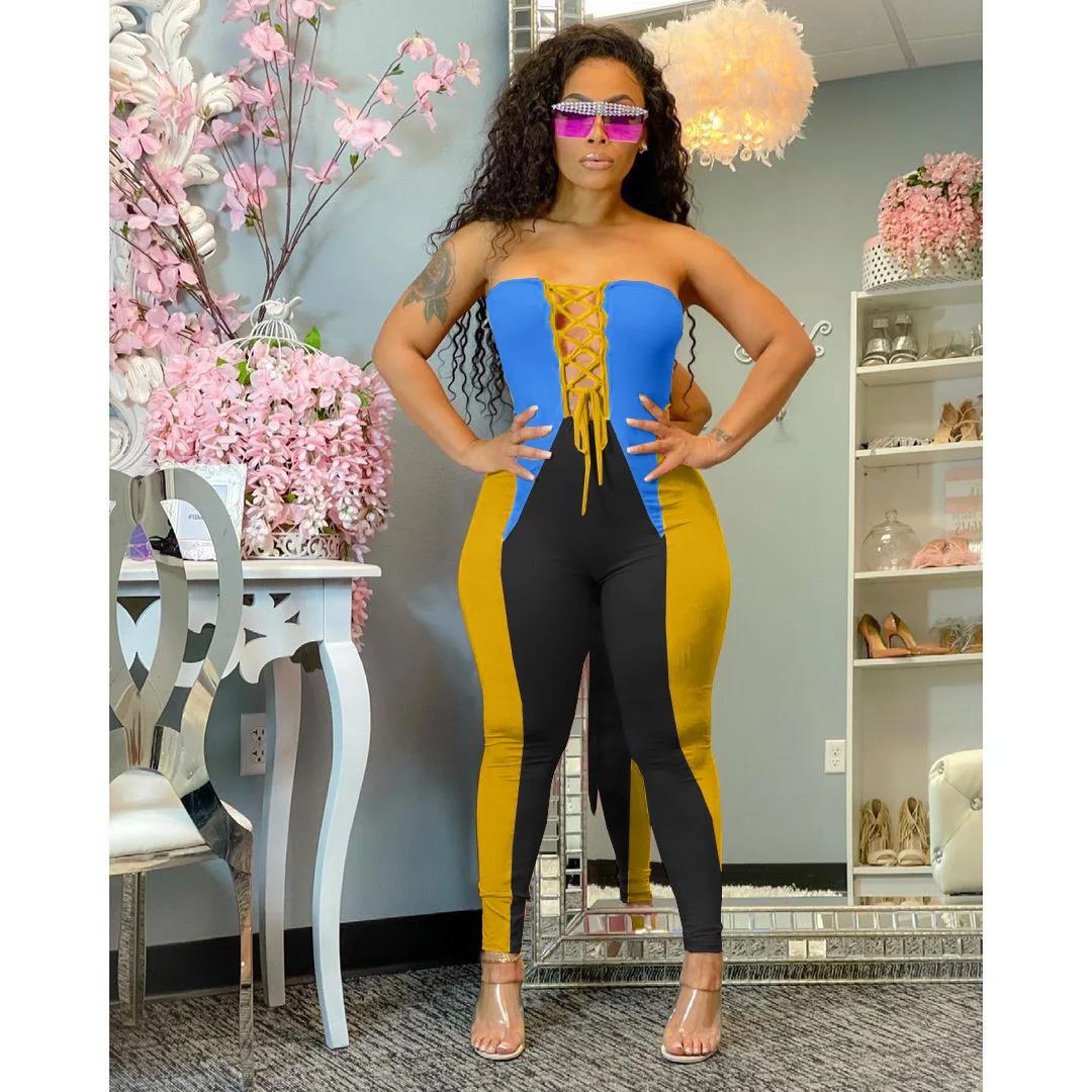 

Women Jumpsuit Tube Tops Sexy Backless Patchwork Club Bodycon Draw String Lace Up Bodycon Summer Female Contrast Color Night Out